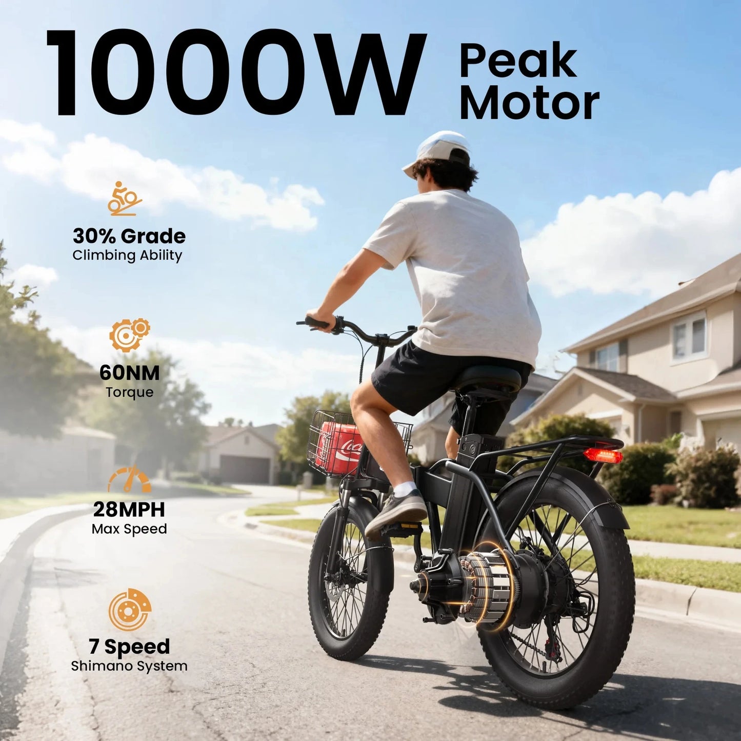 QRONGE Folding Electric Bike 1000W 28 MPH 48V Removable Battery 20 Inch Fat Tire