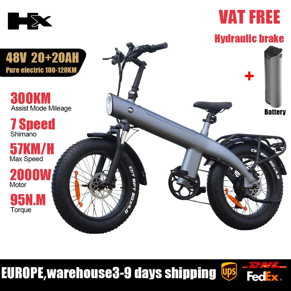 HX Q3 2000W Foldable 20 Inch Fat Tire Electric Bike Removable Battery 48V 20Ah
